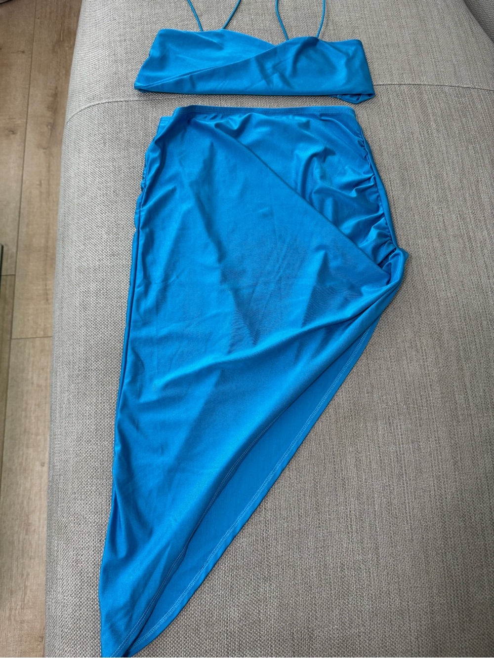 Blue Asymmetric Ruched Side Midi Skirt